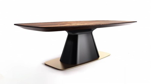 A stylish walnut dining table with a black base and gold accent, AI generated