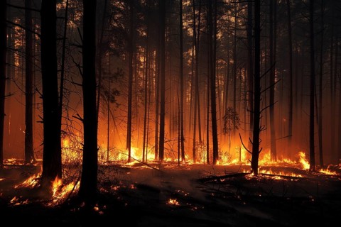 A forest wildfire is raging through a wooded area. Trees are on fire and flames are spreading