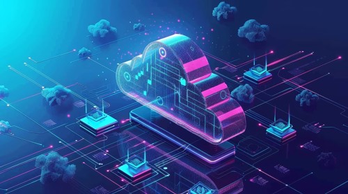 Digital neon whale representing cloud storage in a sea of data and connections, AI generated