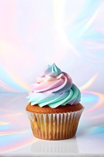 Cupcake with swirls of pastel frosting resting on a subtle iridescent surface, AI generated