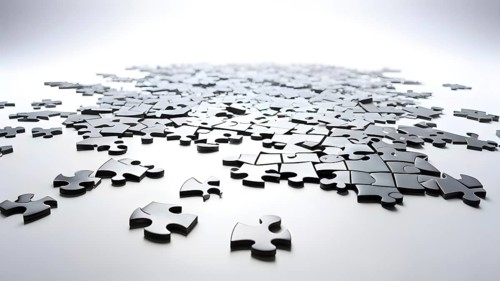 Illustration of scattered puzzle pieces sprawled across as a wallpaper background, AI generated