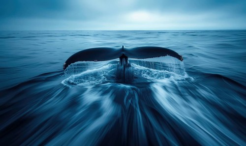 Whale's tail fluke emerging from the water against a backdrop of swirling ocean currents AI