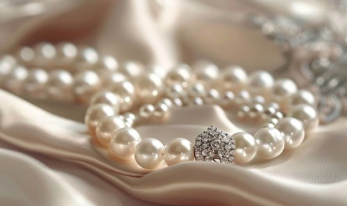 A pearl bracelet adorned with intricate charms resting on a luxurious satin material background AI