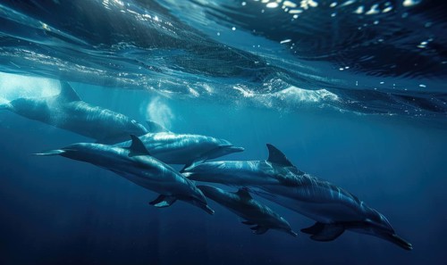 A pod of dolphins riding alongside a migrating blue whale AI generated