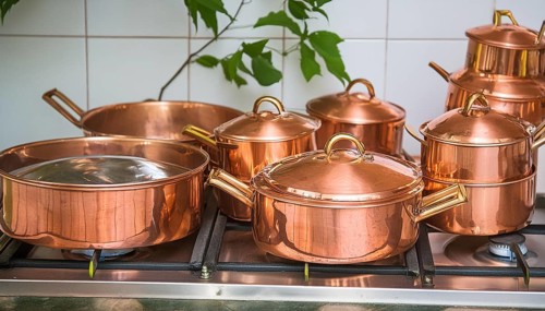 Metal, copper, copper crockery in the kitchen, copper pots, cooking pot