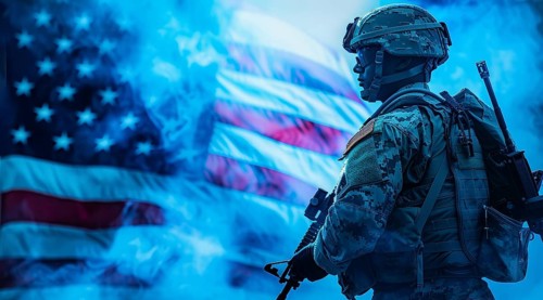 American patriot soldier stand in front of the flag. Concept of fighting for freedom and democracy,