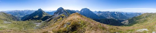 Panorama, view from the Carnic main ridge with rocky mountain peaks, view of the mountain peaks of