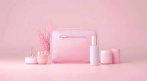 A pink purse with makeup and other cosmetic beauty items on a table, AI generated
