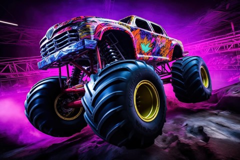 Monster truck with neon lighting, jumping off-road in cloud of dust. Excitement and thrill of an