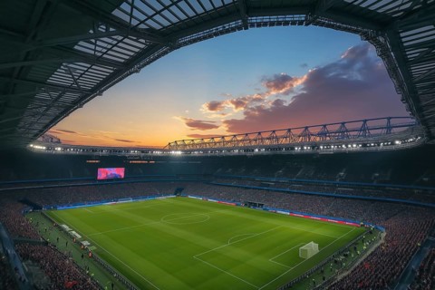 A soccer field with a large crowd of people spectators fans watching the game on sunset. The