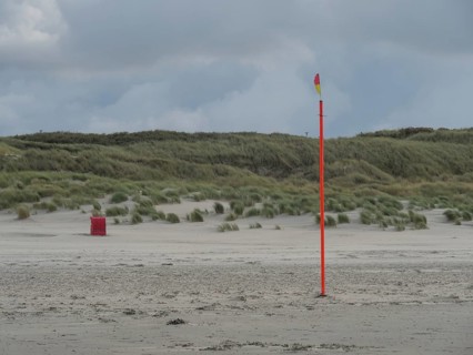 A lonely flagpole stands on a sandy beach in front of a hilly dune landscape, colourful beach
