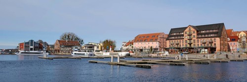 City panorama with city harbour at Lake Mueritz, Waren, Mueritz, Mecklenburg Lake District,