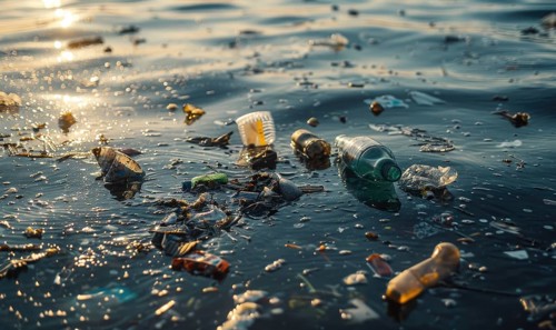 Plastic bags floating in the ocean water, environment and ecology AI generated