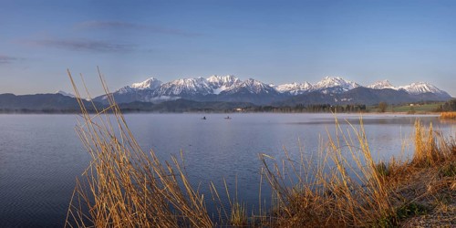 Sunrise, Lake Hopfensee, near Fuessen, Ostallgaeu, with the Tannheim Mountains behind, Allgaeu,