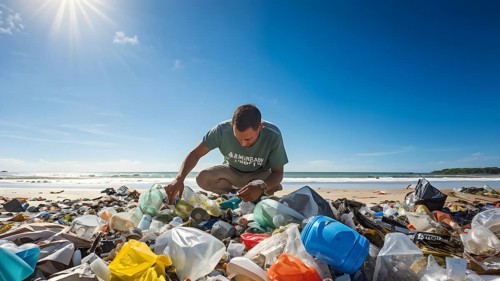 Man cleaning up a polluted beach covered with plastic trash, Illustrating the concept of