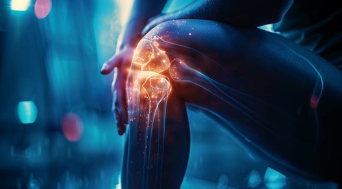 Illustration of knee pain. Concept of arthritis and sports trauma injury, AI generated