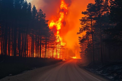 A forest wildfire is raging through a wooded area with road. Trees are on fire and flames are