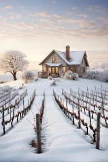 Rustic vineyard cottage in a winter vineyard landscape with snow, AI generated