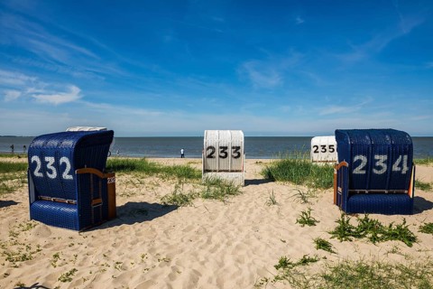 Beach chairs on the sandy beach, Hooksiel, Wangerland, East Frisia, Lower Saxony, Germany, Europe