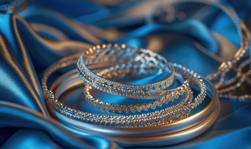 Set of silver bracelets arranged on a satin material background AI generated