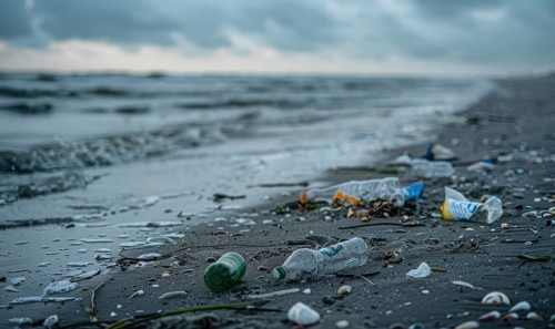 Beach littered with plastic bottles and garbage, ecological problems AI generated