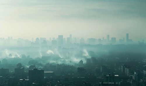 A city skyline obscured by thick smog, Industrial AI generated