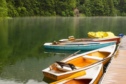 Rowing boats, Freibergsee, near Oberstdorf, Allgaeu, Bavaria, Germany, Europe