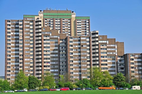 Residential tower blocks KoelnBerg, a social hotspot in the Meschenich district of Cologne, North