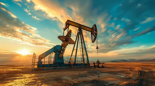 Large oil rig is in the desert. Concept of oil exploration, earth exploitation and corporate greed,