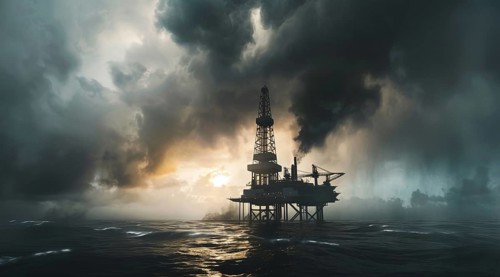 Offshore oil rig anchored platforms drilling for oil in ocean floor, AI generated