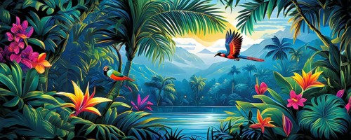 AI generated illustration of an enchanted fairy tale jungle inhabited by magical fantasy animals in
