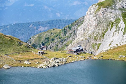 Obstanserseehuette mountain hut on the Obstansersee mountain lake, Carnic main ridge, Carnic High