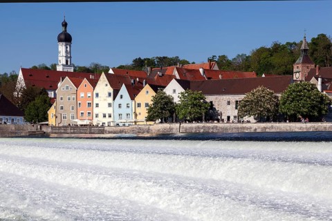 Historic old town centre of Landsberg am Lech, in front of the Lech weir, Upper Bavaria, Bavaria,