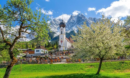 Spring meadow with blossoming trees and parish church in front of the Grosser Waxenstein 2277m in
