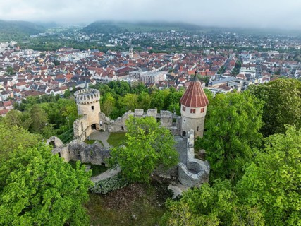 Aerial view of the Honburg castle ruins on the Honberg with the town of Tuttlingen, district of