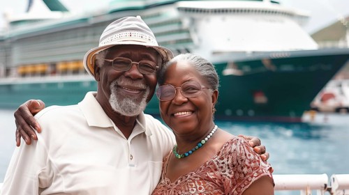 Happy african american senior couple portrait in front of their luxury cruise ship. generative AI,