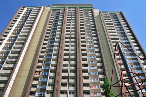 Residential tower block KoelnBerg, a social hotspot in the Meschenich district of Cologne, North