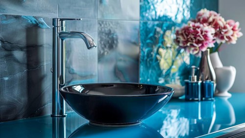A sink with a black bowl and a silver faucet in a modern luxury condo, AI generated