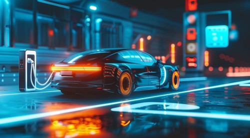 Electric car charging the battery from the electric charger, AI generated