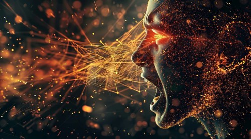 Human beings morphing into code. The concept of cyborg and AI becoming sentient, AI generated