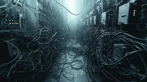 Chaotic tangle of cables and equipment in a cool blue-toned server room, AI Generated, AI generated