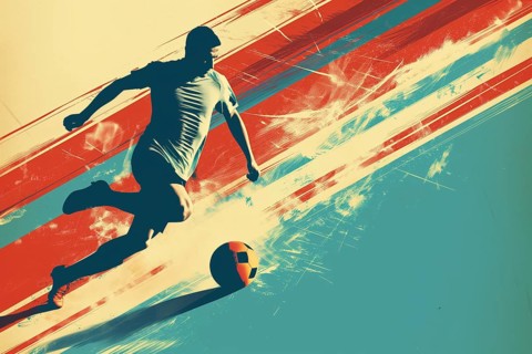 A soccer player dribbles and kicks a soccer ball. Abstract vintage grungy poster style with muted