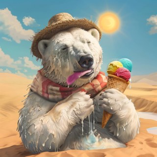 A polar bear in the hot desert with a straw hat and a scarf eats ice cream under the bright sun,