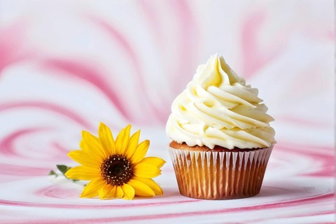 Cupcake with soft cream frosting perfectly swirled against a sunflower with red backdrop, AI