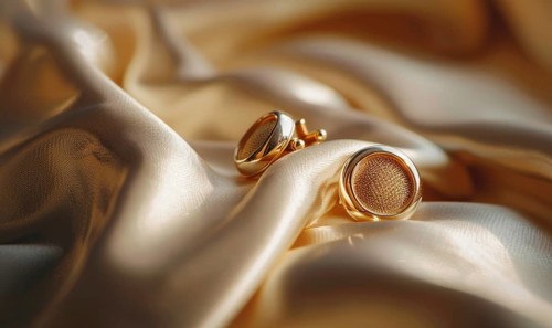 A pair of gold cufflinks arranged on a smooth satin material background AI generated