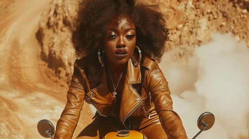 Confident woman in a stylish leather jacket sitting on a motorcycle, AI generated