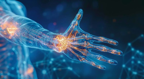 Pain in inflamed elbow and wrist joint. Concept of arthritis diagnostic and treatment, AI generated