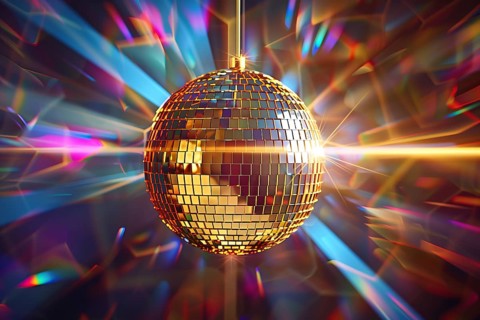 A disco ball is suspended from the ceiling at party in nightclub, reflecting the lights and