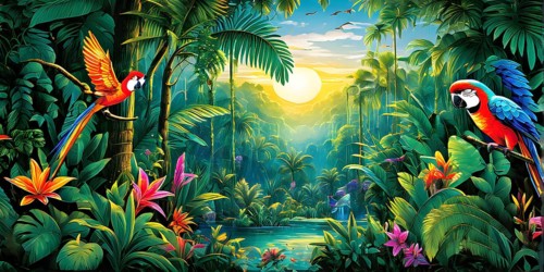 AI generated illustration of an enchanted fairy tale jungle inhabited by magical fantasy animals in