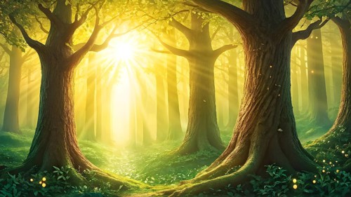 AI generated enchanted forest illustration intertwining trees aglow with magical light